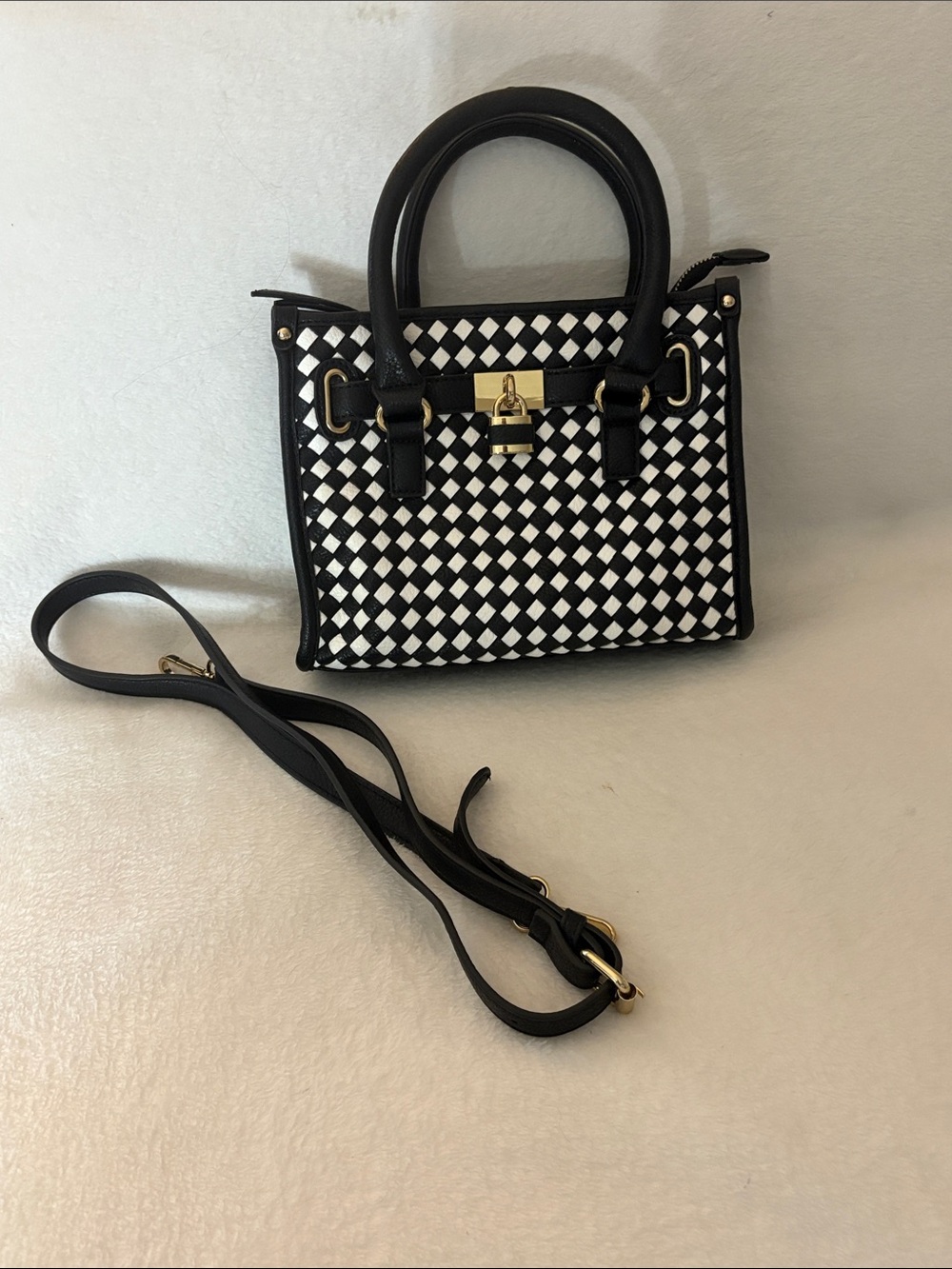 Charming Charlie Black & White Woven Satchel with Gold Lock